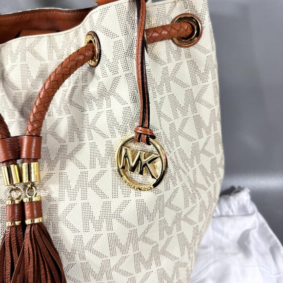 Michael Michael Kors Jet Set Large Logo Leather Gathered Brown Vanilla Tote Bag - Picture 4 of 14